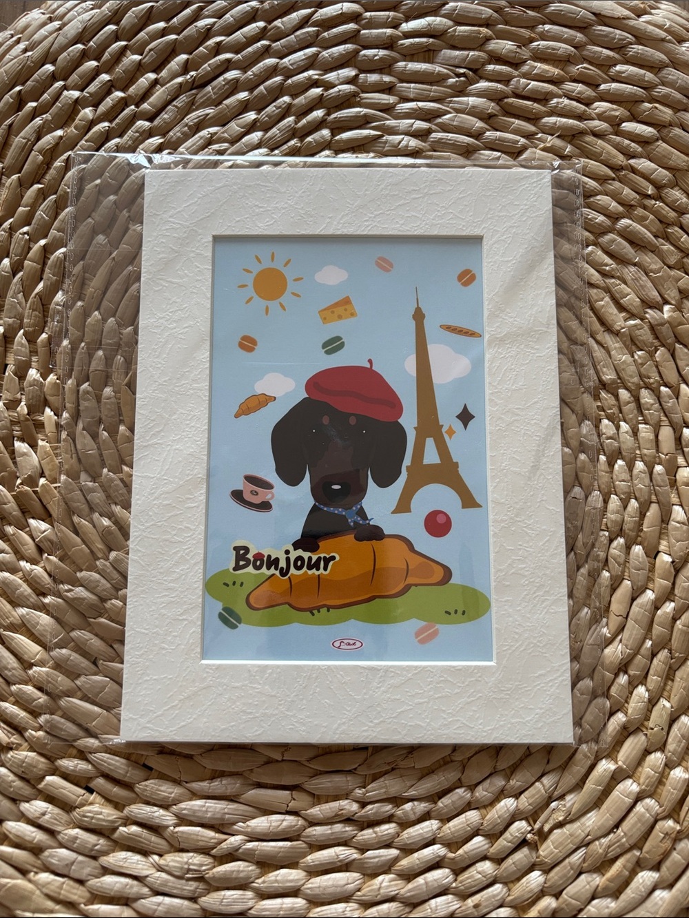 Bonjour Dachshund Art Print in White Frame